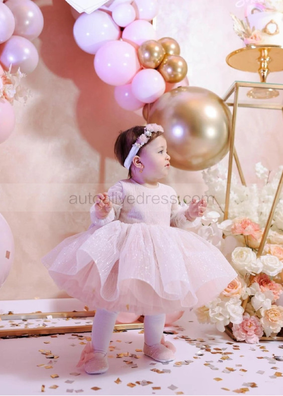 Blush Pink Glitter Lace Tulle Flower Girl Dress